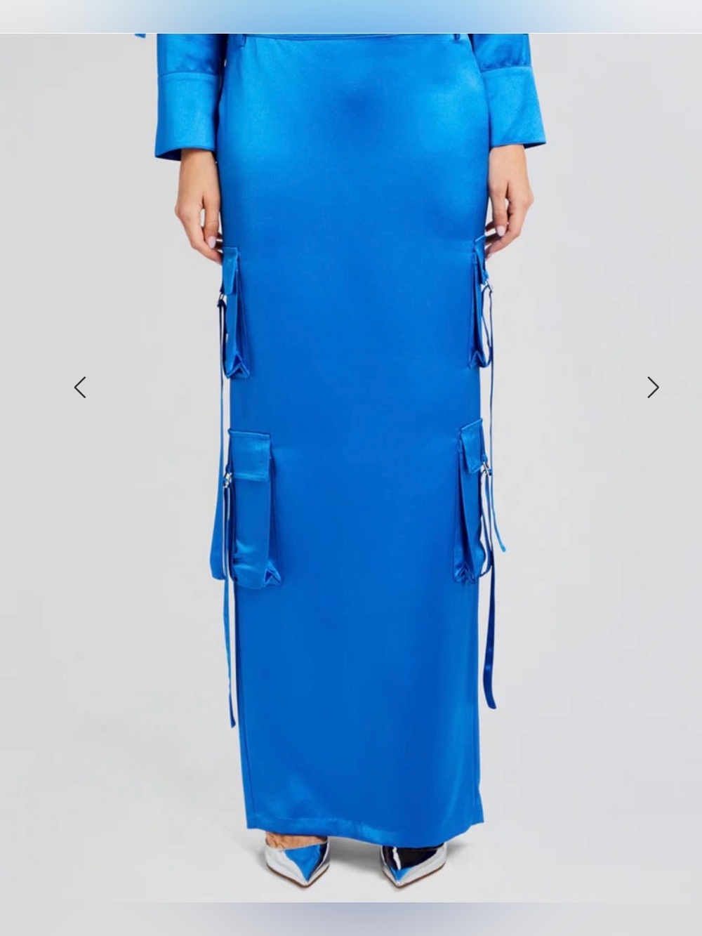 Retrofête Maelie Tropical Blue Satin Cargo Midi Skirt Size M